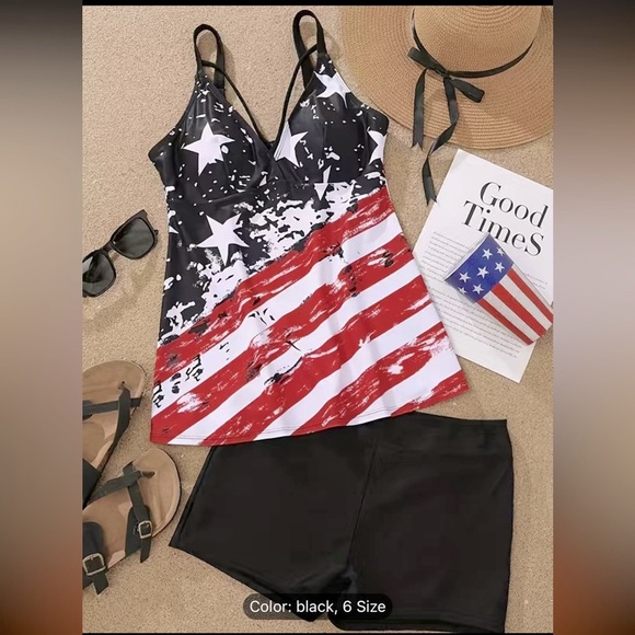 NWT 🏖️ BLACK RED WHITE TANKINI TOP SWIM 2-PIECE SHORTS SET Women’s XL or XXL - Picture 4 of 12